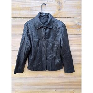 Avanti New York Black Genuine Leather Jacket Button Front Collared Womens Large